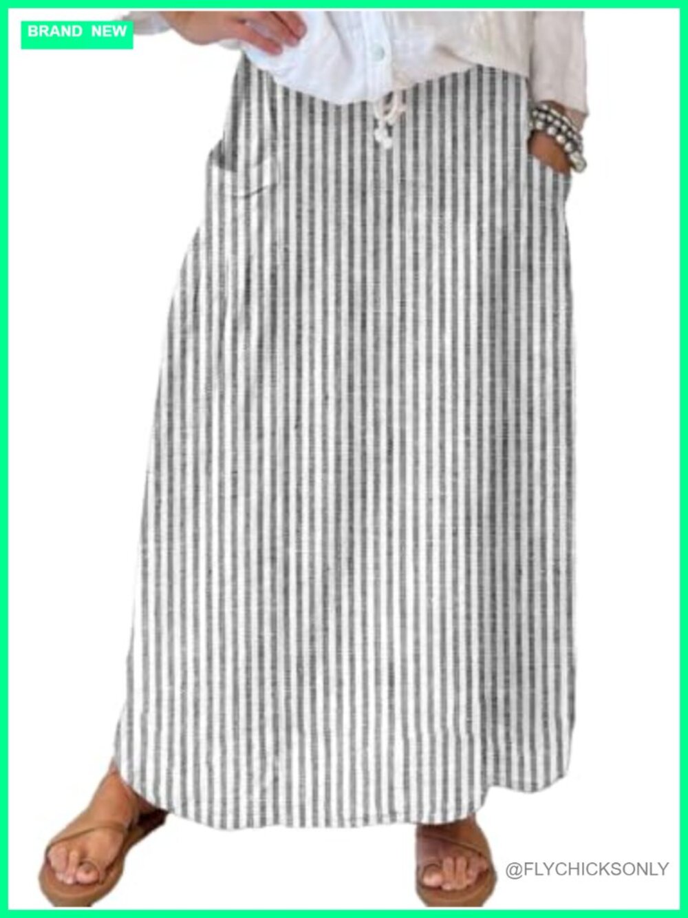 Womens 100% Cotton Maxi Skirt High Waist A-Line Striped Floral